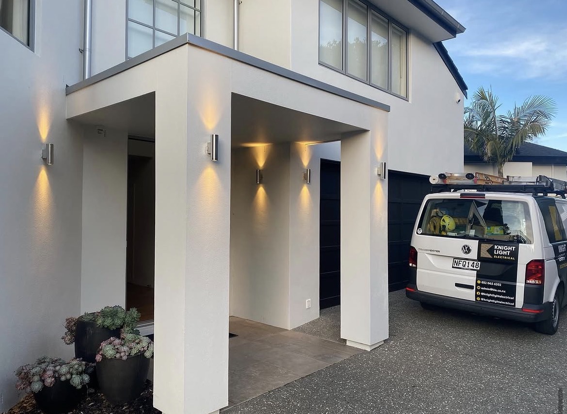 Modern home entryway and pillar lighting installed by Knight Electrical Solutions