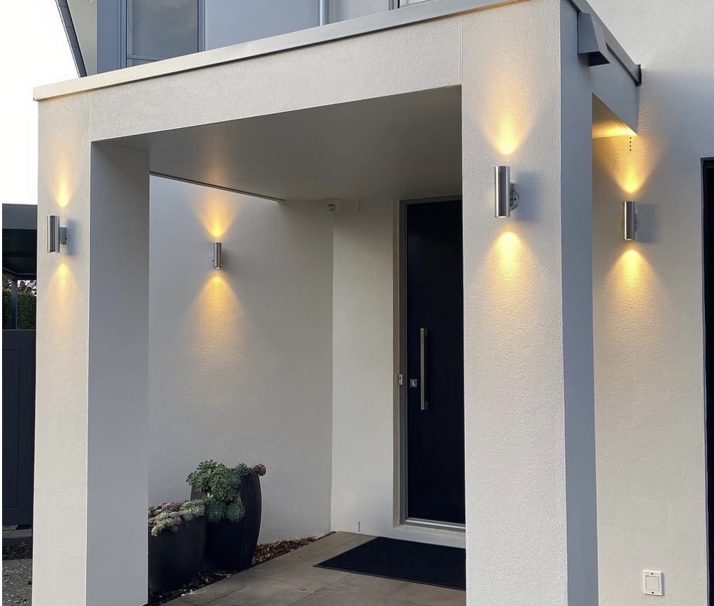 Completed up-down pillar lighting on a home facade by Knight Electrical Solutions